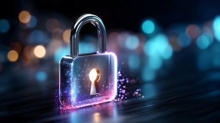 Neon padlock in futuristic lightscape, defocused digital privacy elements, cybersecurity concept, data protection technology, information safety visualization, modern security desi