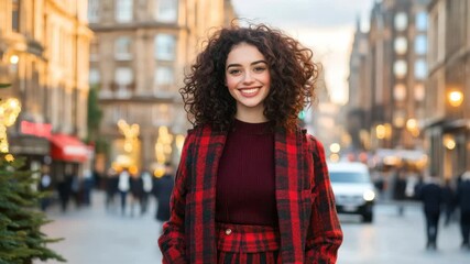 Smiling woman in the city: A captivating portrait of a cheerful woman smiling radiantly, framed against a backdrop of urban architecture, capturing the essence of city life and individual vibrancy.