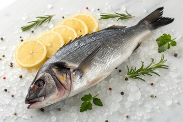 Fresh whole sea bream fish with lemon slices and herbs