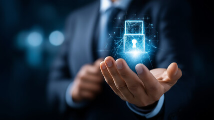 Faceless businessman holding hologram security icon, defocused personal information elements, data protection concept, digital privacy policy, confidential identity management, sec