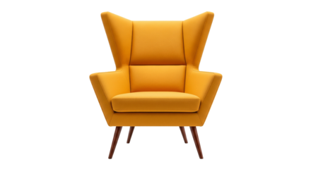 A stylish modern tall back armchair in vibrant yellow fabric with dark wooden legs isolated on transparent background