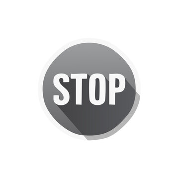 Grayscale circular stop button with bold text and modern flat design long shadow