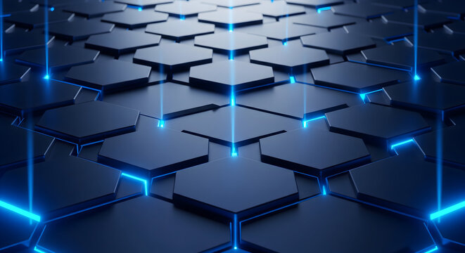 Modern technology background with glowing blue hexagon lights for digital innovation and futuristic designs