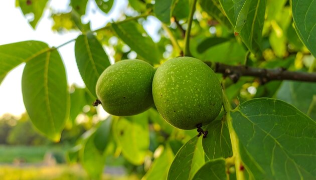 Two green walnuts cling to a leafy branch against a softly blurred background of sky and vegetation
