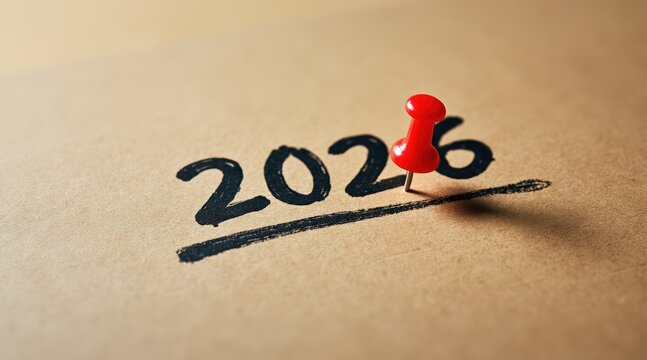 Red pushpin marking the year 2026 on textured brown paper craft - Powered by Adobe