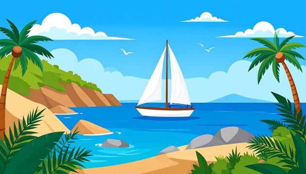 Tropical seascape with a sailboat in blue water, flanked by beaches and lush green vegetation under a sunny sky