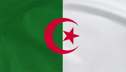 Algeria flag with green and white vertical halves, red crescent and star in center.
