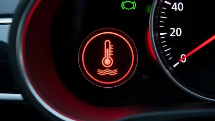 Naklejka premium Car Dashboard Temperature Warning Light Illuminated in Red with Speedometer and Indicator Lights