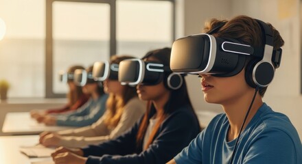 Diverse students in virtual reality headsets learn together in classroom setting.