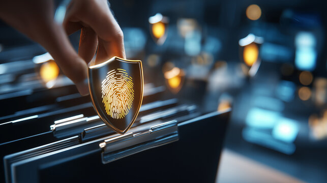 Secure digital folder with fingerprint and shield, defocused futuristic elements, data security concept, confidential file protection, personal information safety, biometric access