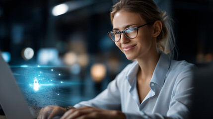Faceless businesswoman working on computer, defocused cybersecurity interface, office security concept, data protection technology, professional safety environment, network defense