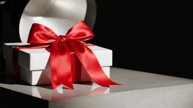 Close Up White Gift Box With Red Ribbon Illuminated By Snoot