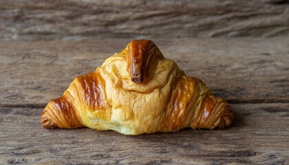 Closeup of Artisan Golden Croissant with Flaky Buttery Crumb and Glistening Layers on Rustic Wooden Surface