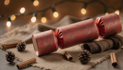 Festive Christmas Cracker with Pine Cones and Cinnamon Sticks.