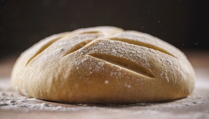 Closeup of Flour-Dusted Artisan Bread Dough Rising on Rustic Wooden Surface in Warm Natural Light