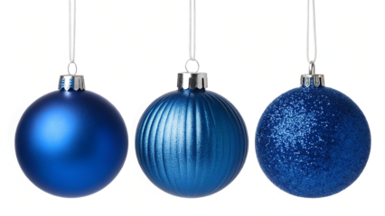 Three oval shaped blue christmas ornaments with different textures hanging in a row isolated on transparent background