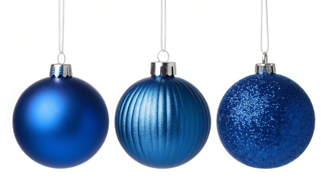Three oval shaped blue christmas ornaments with different textures hanging in a row isolated on transparent background