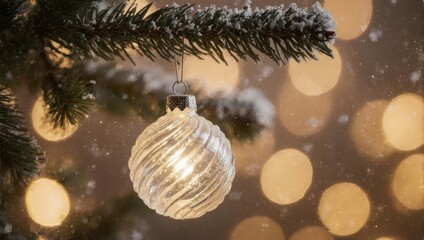 Close up of a Christmas tree ornament with bokeh lights.