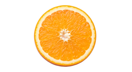 A vibrant, juicy crosssection slice of a fresh orange fruit, showcasing its bright orange flesh, segments, and white pith, isolated on transparent background for clean graphic use