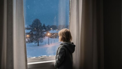 Child gazing out window at snowy winter landscape, evening scene.