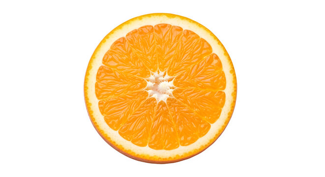 A vibrant, juicy crosssection slice of a fresh orange fruit, showcasing its bright orange flesh, segments, and white pith, isolated on transparent background for clean graphic use