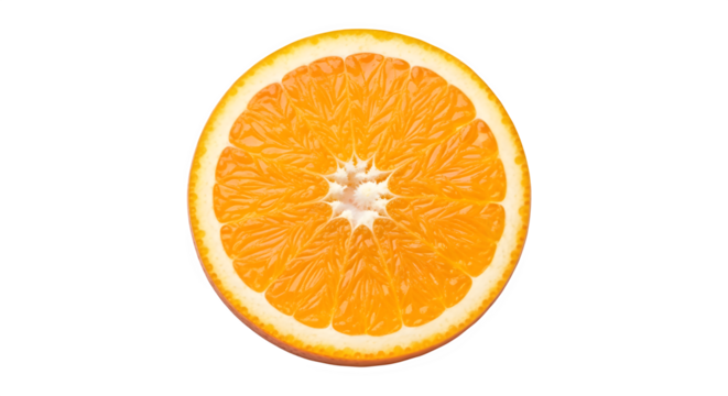 A vibrant, juicy crosssection slice of a fresh orange fruit, showcasing its bright orange flesh, segments, and white pith, isolated on transparent background for clean graphic use