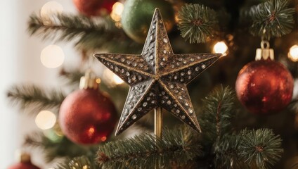 Christmas tree with star ornament and red baubles, festive holiday season.