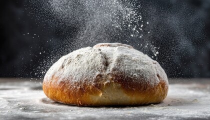 Closeup of Flour Dusting Rustic Sourdough Boule Loaf Before Scoring in Artisan Bread Baking Process Warm Lighting Dark Surface