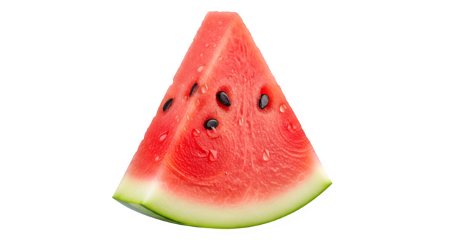 A single, juicy, triangular slice of ripe red watermelon with visible black seeds and a thin green rind, isolated on transparent background, perfect for summer fruit concepts