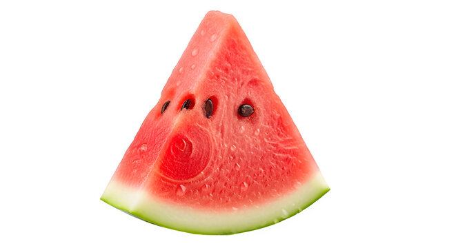 A single, perfectly cut triangular slice of ripe red watermelon with visible black seeds, showcasing its juicy texture and greenwhite rind, isolated on transparent background