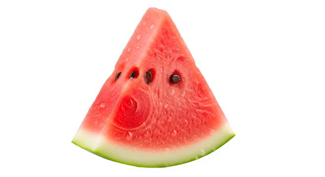 A single, perfectly cut triangular slice of ripe red watermelon with visible black seeds, showcasing its juicy texture and greenwhite rind, isolated on transparent background