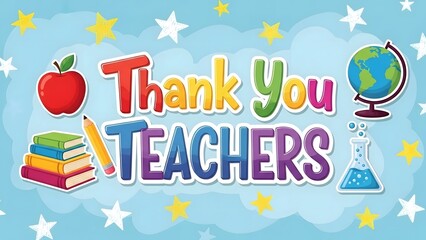 Colorful Thank You Teachers Banner with Apple Books Pencil Globe and Science Flask