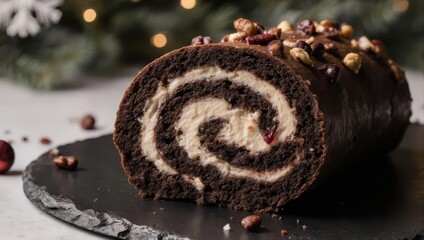 Delicious Chocolate Swiss Roll Cake with Cream Filling and Nuts.
