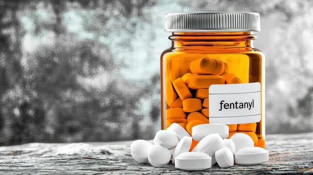 Prescription fentanyl pills in amber bottle with warning concept
