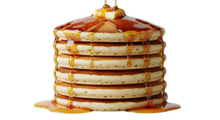 A tall stack of fluffy buttermilk pancakes generously drizzled with golden maple syrup and topped with a melting pat of butter, isolated on transparent background