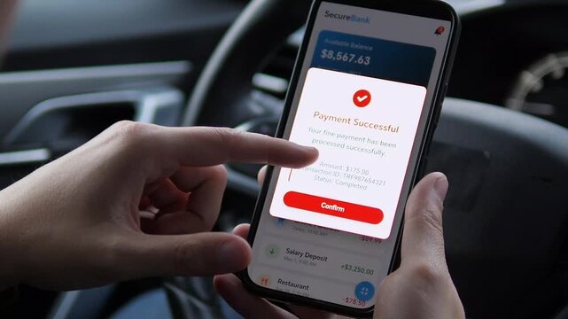 Closeup of a mans hands in a car processing a fine payment through a secure online banking portal. The complete transaction cycle demonstrates the digitalization of government services, perfect for