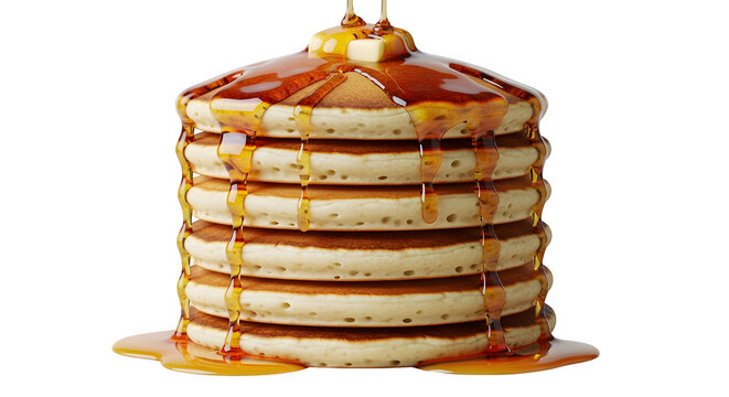 A tall stack of fluffy buttermilk pancakes generously drizzled with golden maple syrup and topped with a melting pat of butter, isolated on transparent background - Powered by Adobe