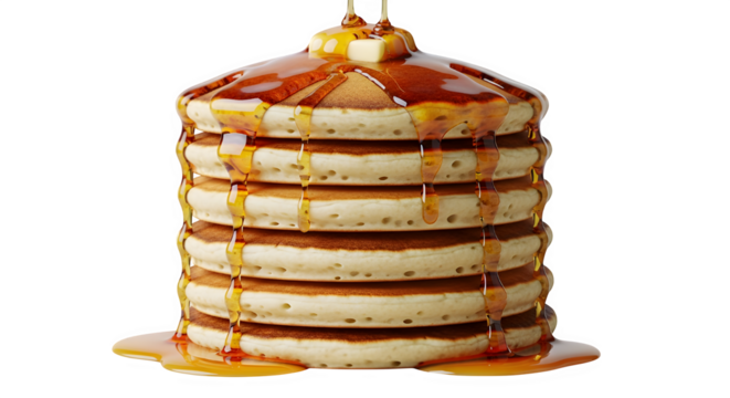 A tall stack of fluffy buttermilk pancakes generously drizzled with golden maple syrup and topped with a melting pat of butter, isolated on transparent background