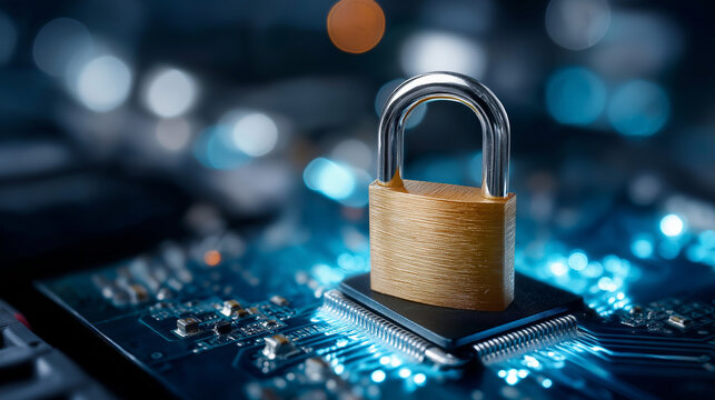 Digital padlock on circuit board closeup, defocused electronic background, cybersecurity symbol, data protection concept, hardware security technology, information safety visualiza