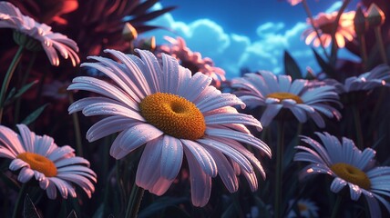 "Close-up of Dewy White Daisies in Soft Morning Light, Nature's Serenity"