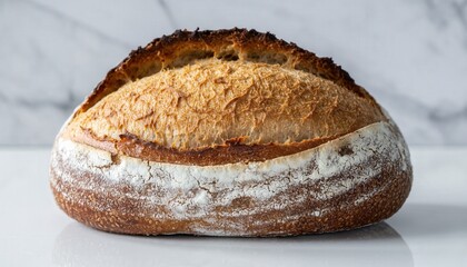 Closeup of Rustic Artisan Sourdough Bread Loaf Generously Dusted with Flour on White Marble Surface Warm Natural Light Soft Focus