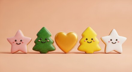 Cute smiling star, tree, and heart cookies arranged on a pastel background.
