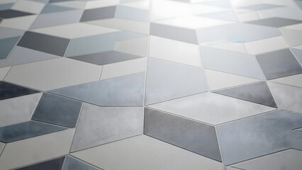 Modern Geometric Tile Floor with Hexagonal and Pentagonal Shapes in Gray and White Tones