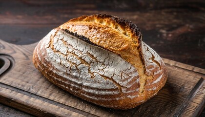 Crusty Golden Artisan Bread Loaf Dusted with Flour on Rustic Wooden Board in Warm Natural Light