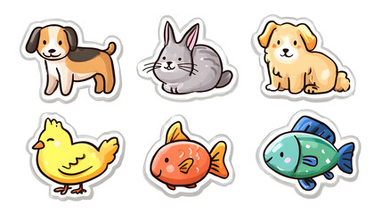 Fototapeta premium A charming collection of cute cartoon pet animal stickers including dogs rabbit bird and fish isolated on a clean white background