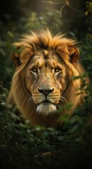 Fototapeta premium Majestic lion with full mane looking forward from lush green foliage