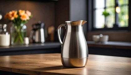 Stainless carafe on countertop, cozy kitchen light in morning calm…