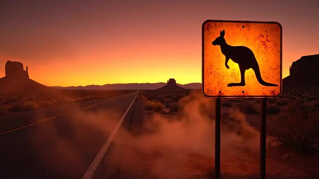 Sunset Desert Landscape with Roadside Wild Animal Warning Sign in a Dramatic