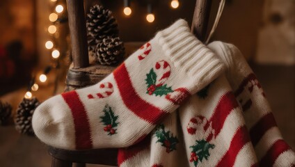 Cozy Christmas Stockings with Candy Cane and Holly Designs by Warm Fireplace Lights.