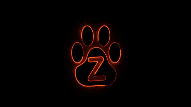 Neon letter Z with neon paw, Neon orange alphabet Z glowing in the dark, light shine the best digital symbol,3d render Education concept.
